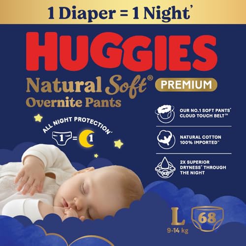 Image of Huggies Natural Soft Overnite Diaper Pants| Premium Pant Style Baby Diapers Medium Size (L Size | 9-14 Kgs), 34 count| Keeps baby dry all night with cloud softness all over (Pack of 2)