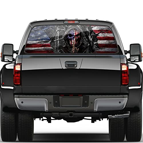 Image of American Flag & Skull Rear Window Decal for Truck, Car, SUV (65x17in) - Red, White, Blue - Vinyl - Waterproof - Outdoor Use
