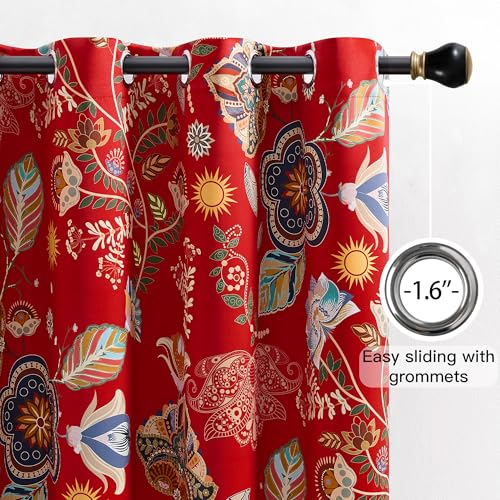 Image of XiDi Red Floral Patterned Blackout Curtains 96 Inches Long 2 Panels | for Bedroom Living Room Thermal Insulated Luxury Vintage Flower Curtains Botanical Leaf Printed Grommet Window Drapes 52x96