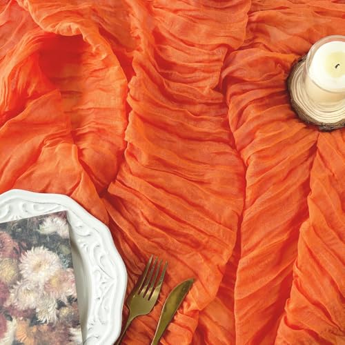 FEXIA Fall Table Runner Orange Cheesecloth 35x120 Inches Boho Gauze Table Runner Burnt for Wedding Decor Reception Bridal Shower Centerpiece Engagement