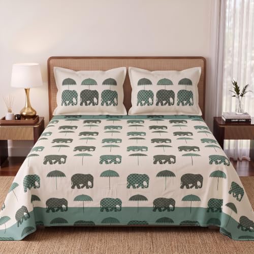 Image of BSB HOME 240 TC Cotton Feel Double Bedsheet with 2 Pillow Covers, Premium Soft Breathable Bed Sheet Set, Fade Resistant, All-Season, Easy Care, 90 x 100 Inches (228 x 254 cm) - Cream & Deep Teal