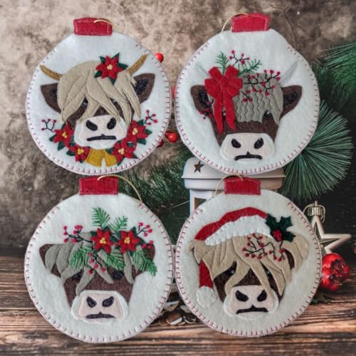 Image of Rachel's Of Greenfield Christmas Cows Ornament Kit, Cute DIY Christmas Ornament, Christmas Crafts for Beginners, Makes Four 4 inch Ornaments, Cute Highlander Cow Christmas Decor