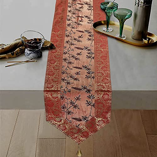 Image of E-EZRA Ari Zari Embroidery Table Runner for Dining Table 6 Seater 72IN Indian Satin Traditional Long Runner Up with Tassels Coffee Tablecloth for Room & Home Decor Runner (Maroon)