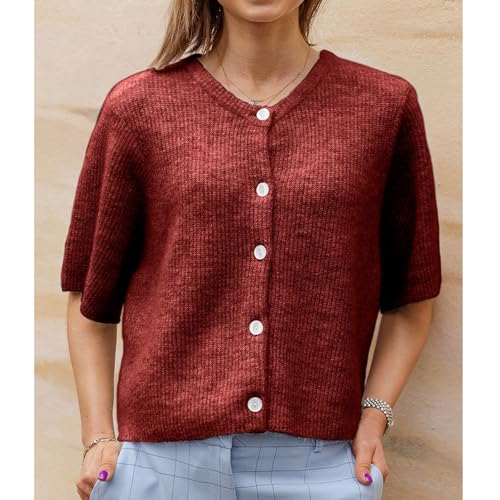 Image of Women Y2K Knit Cardigan Short Sleeve Crewneck Solid Color Button Down Tops Casual Going Out Sweater Streetwear