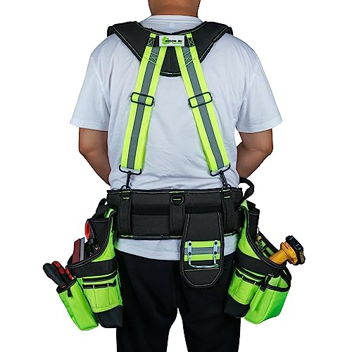 Image of MELOTOUGH Reflective Safety Tool Belt with Suspenders Tool Bag Supenders Framers Comb Apron Construction Tool Pouch Builder Heavy Duty Carpenter Suspension Rig for Electrician, Roofing