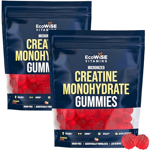 ECOWISE VITAMINS Creatine Monohydrate Gummies 5000 mg per Serving Strawberry Flavor with Turmeric Root & Black Pepper Sugar Free Vegan Creatine Gummies 120 Gummies 30 Servings Pack of 2