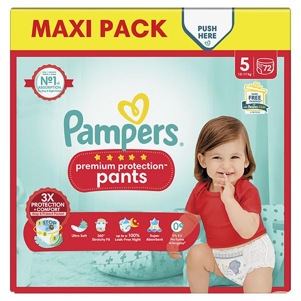 Pampers Premium - Pantalón de protección de 5, 74 capas, 11 kg – 17 kg, con un mantenimiento de 360° y barreras antifugas suaves 2 veces más amplias que las delanteras para comodidad y protección