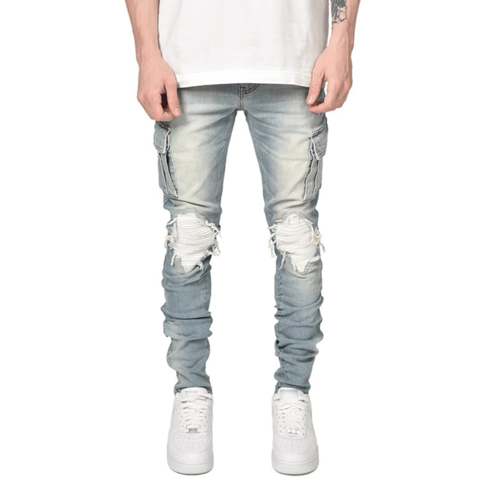 Maiyifu-GJ Men's Ripped Moto Biker Jeans Motorcycle Multi Pockets Denim Pants Distressed Skinny Holes Hip Hop Stretch Jean (Light Blue,30)