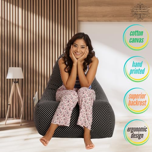 Image of Style Homez Hackey Cotton Canvas Polka Dots Printed Bean Bag XXL Size Filled with Beans Fillers