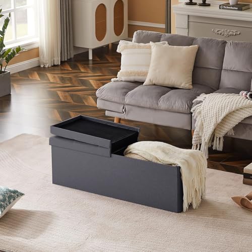 Zedelmaier Sitzbank mit Stauraum, Sitzhocker Faltbar Sitztruhe belastbar bis 300 kg, Deckel klappbar, klappbare Sitztruhe für Wohnzimmer, Flur, Schlafzimmer, 114x38x38 cm, Dunkelgrau