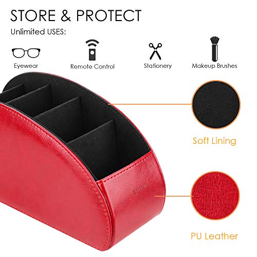 Image of SITHON Remote Control Holder with 5 Compartments - PU Leather Remote Caddy Desktop Organizer Store TV, DVD, Blu-Ray, Media Player, Heater Controllers, Red