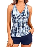 Women Blue Tie Dye Tankini Swimsuits with Shorts - Two Piece Tummy Control Bathing Suits Top with Two Pockets Bottom Swimwear L