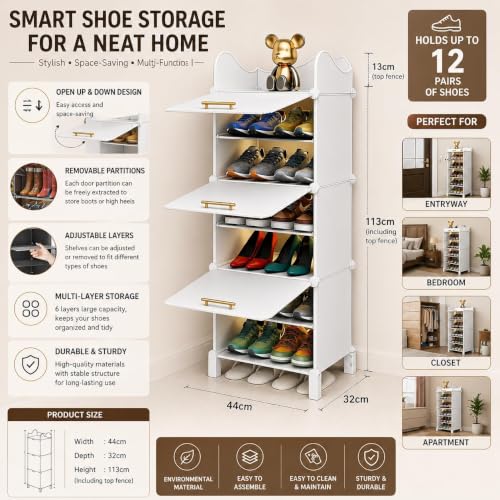 Image of Plastic Shoe Rack for Home with Door | 3-Shelf DIY Shoe Cabinet Organiser | Stores 12 Pairs | Foldable & Waterproof Shoe Stand for Entryway, Bedroom