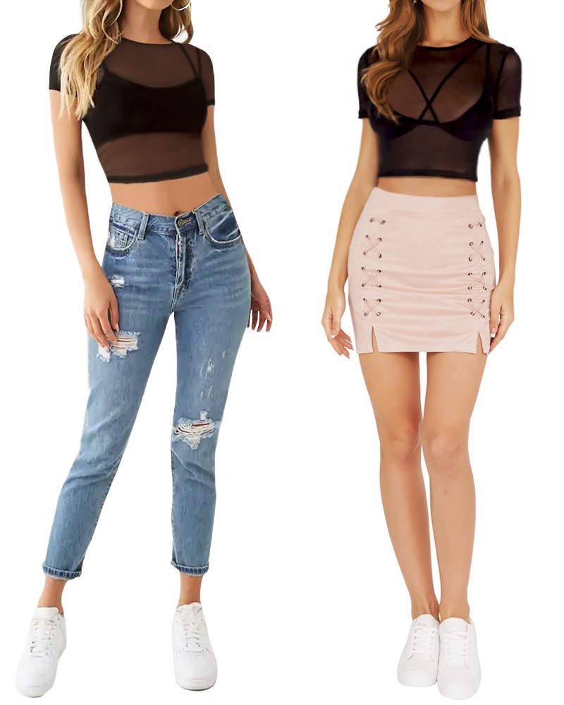 MANGOPOP Women's Short Sleeve Long Sleeve Sheer Mesh Crop Tops Tee Shirt Blouse