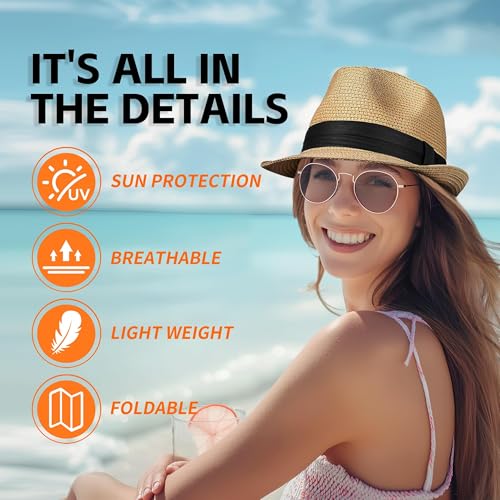 Image of Straw Fedora Hat for Women Men Packable Short Brim Roll Up Trilby Hat Panama Summer Beach Sun Hat UPF 50+