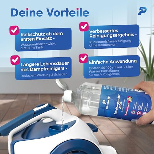 Primavella - Demineralisierer für Dampfreiniger - 1 l - Wasserenthärter-Flüssigkeit zur Vermeidung von Kalkablagerungen/Mineralschäden in Nasssauger, Dampfbügeleisen, Bodenwischgerät