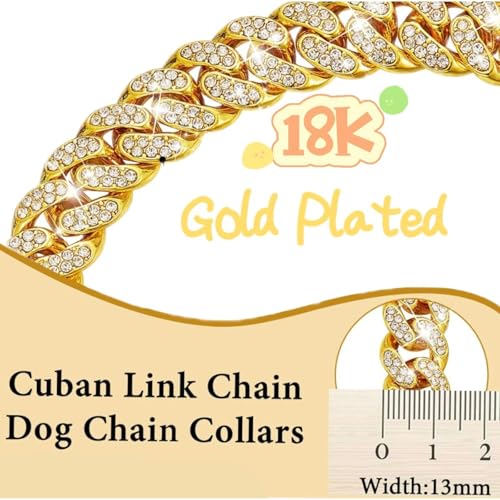 Image of Gold Crystal Cuban Link Dog Collar with Design Secure Buckle Metal Chain Collar Pet Necklace for Small Medium Large Dogs Cats(Gold 8inch)