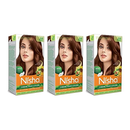 Nisha Creme Permanent Hair Color 100 percent Gray Coverage Hair Dye Easy to Apply Long Lasting Hair Colouring For Ultra Soft Deep Shine Conditioning With Natural Herbs Pack of 3 (Natural Brown)