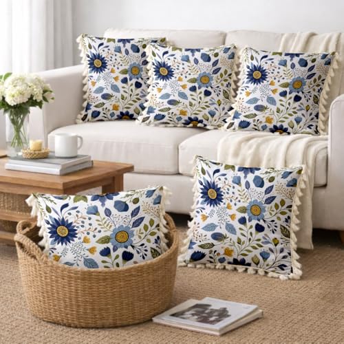 Image of STITCHNEST 'Little Meadow Series' Tassled Cushion Cover | Set of 5 | Floral Cushion Cover 16 inch x 16 inch