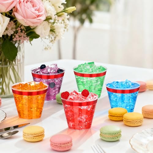 Image of 120 Pcs Red Plastic Cups,9Oz Red Rimmed Plastic Cups,Heavy Duty Clear Disposable Plasitc Cocktail Tumblers Wine Cup for Party,Wedding,Birthday,Christmas