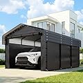 10x15FT Heavy Duty Metal Carport,Outdoor Garage with Removable Sidewalls & Doors, Heavy Duty Steel Frame and Galvanized Roof for Cars and Boats, Gray