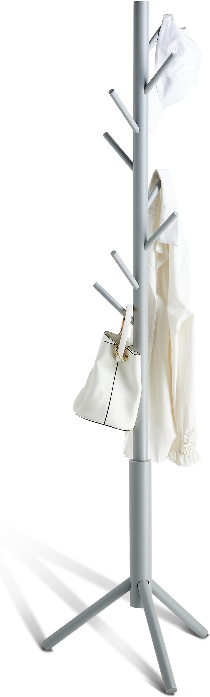 BMOSUCoat Rack freestanding Stand Bamboo Wooden Coat Tree 8 Hooks 3 Adjustable Standing Jackets Hanger Hallway Corner Parlor(Gray)