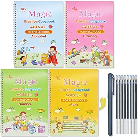 Larcenciel 4pcs Magic Practice Copybook w/Pen for Kids, Reusable Letter Number Writing Book Workbook Calligraphy Tracing Writing Practice Book, Groove Writing Exercise Book for Preschoolers, 19x13cm Cover