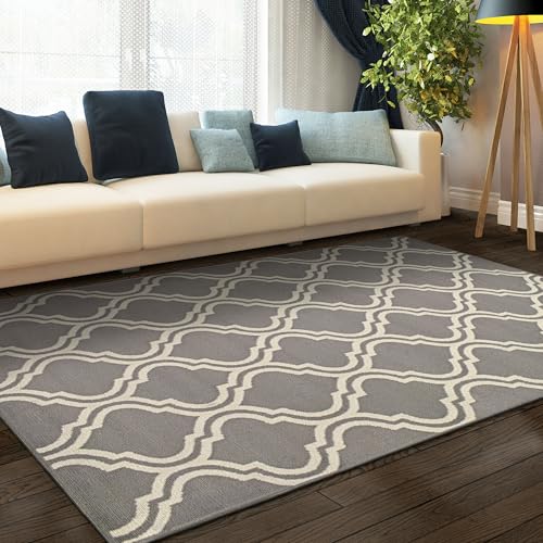 Superior Indoor Area Rug, Jute Backing Rugs, Modern Floor Decor for Entryway, Hallway, Kitchen, Office, Bedroom, Living Room, Dining Room, Nursery, Elegant Double Trellis, 5' x 8', Grey