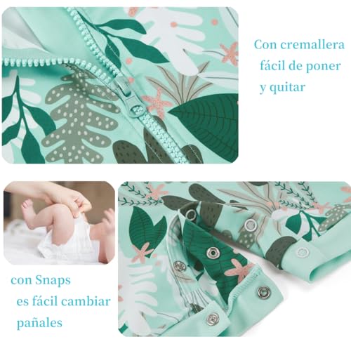 UMELOK Bañador Infantil Anti-UV 50+ para Niños y Niñas - Capucha Integrada, Mangas Largas y Secado Instantáneo 80/86 Planta Verde
