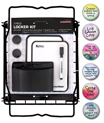Lockermate Locker Kit 12 inch Tall Shelf, Mirror, White Board, 6 Inspirational Decorations, and Pencil Cup 13 Piece Bundle (Black)