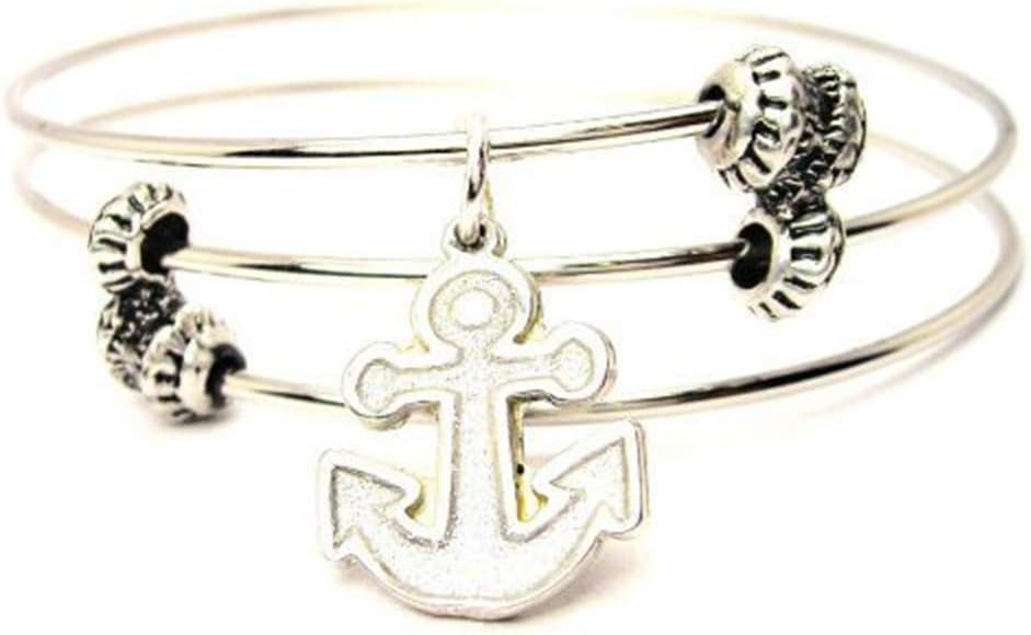 ChubbyChicoCharms Hand Painted Sparkle Silver Anchor Shaped Charm Expandable Wire Triple Style Bangle Bracelet, 2.5"