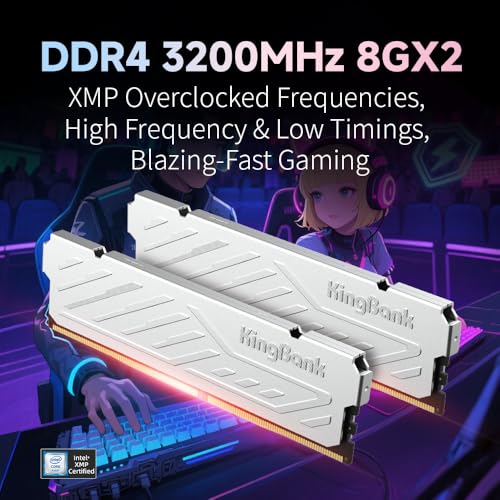 Image of KingBank Computer Desktop Memory Ram DDR4 16GB(2x8GB) 3200MHZ CL16 1.35V XMP2.0 Overclocking with Heatsink for PC Gaming /Office /PS,Silver
