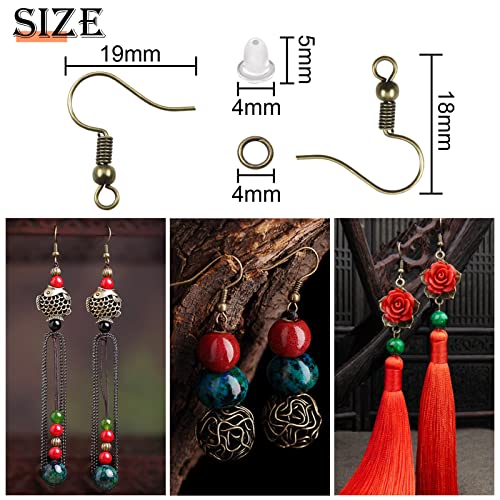 TOAOB 300pcs Earring Hooks Antique Bronze Tone 18mm Hypoallergenic Ear Wire Hooks with Clear Rubber Safety Backs and Jump Rings for DIY Earring Making
