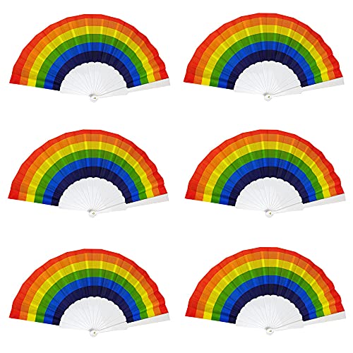 Minelife 6 Pieces Rainbow Fans Pride Folding Fan, Chinese Plastic Handheld Folding Fan Portable Folding Fans Silk Folding Fan for Wedding Dancing Decoration Party Gifts