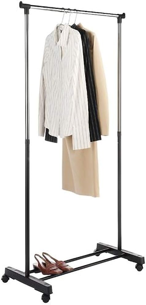 Horizontal Stretching Stand Clothes Rack,Rolling Garment Rack with Wheels with Shoe Shelf （Black & Silver）