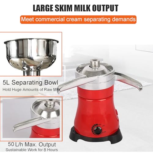Espumador de leche eléctrico de acero inoxidable, 10500 RPM de alta velocidad para un descremado eficiente de leche de cabra y vaca, 50 L/h de salida con recipiente de 5 L.