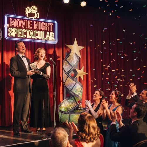 Image of DoubleFill 5.9 ft Movie Awards Night Party Decorations 3D Gold Stars Filmstrip Column Cardboard Cutout Stand up Premiere Party Decorations Red Carpet Photo Prop Backdrop for Movie Award Theme Decor