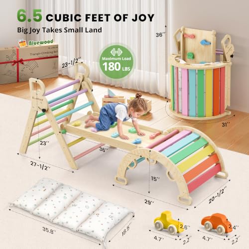 Image of BlueWood Pikler Triangle Set with Cushion, Wooden Climbing Toys for Toddler | Foldable 9-in-1 Montessori Philosophy Toddler Climbing Toys Indoor with Reversible Ramp, Arch and Ladder - Colorful