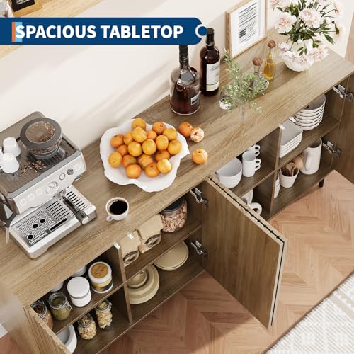 63" Fluted Sideboard Buffet Cabinet with 4 Doors, Modern Accent Storage Cabinet with Adjustable Shelves and Metal Legs, Console Table Coffee Bar Credenza for Living Room Dining Room- Natural Oak