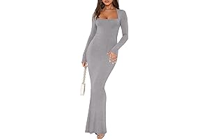 Women's Sexy Square Neck Long Sleeve Bodycon Maxi Dress