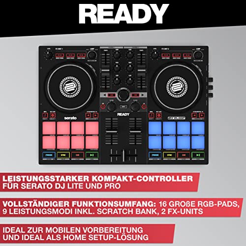 Reloop Ready - Kompakter 2-Deck-DJ-Controller für Serato DJ Lite (inklusive) & DJ Pro,16 große RGB-Pads, 9 Leistungsmodi inkl. neuer Scratch Bank, 2 FX-Units, Sitzt passgenau auf einem 13-Zoll-Laptop