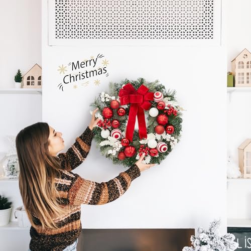 Garveehome 24 In Christmas Wreath With Lights for Front Door, Pre-Lit Christmas Wreath, Battery Operated, Lighted Xmas Door Wreath with Ball Ornaments for Christmas Door Fireplace Decor, Red and White