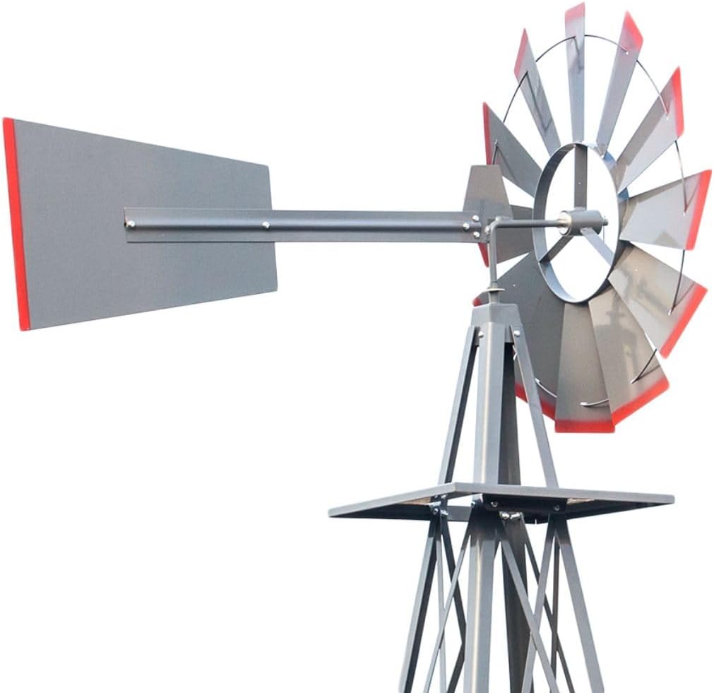 8FT Ornamental Windmill Backyard Garden Decoration Weather Vane, Heavy Duty Metal Wind Mill w/ 4 Legs Design, Grey