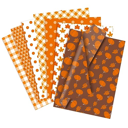 Larcenciel 70 Sheets Fall Tissue Paper - Orange Gift Tissue Paper Bulk for Wrapping - Pumpkin Leaves Patterns Gift Wrap for Autumn Harvest Thanksgiving Halloween Party DIY 19.7x13.8