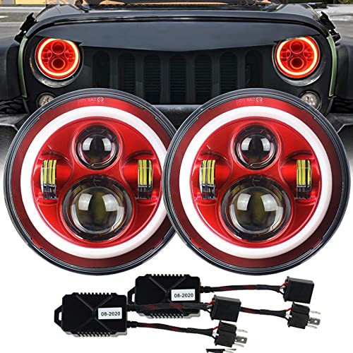 Atubeix 7 inch LED Halo Headlights with Halo DRL Replacement for H6024 2007-2017 Wrangler JK JKU Headlamp (Red+Red Halo)