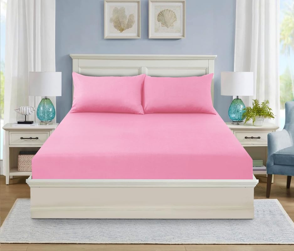 WEAVERS: 3 Pcs Luxury Polycotton 25cm Deep Fitted Sheet with Pillowcase Pair (Size Super King, Colour Baby-Pink) โ image 1