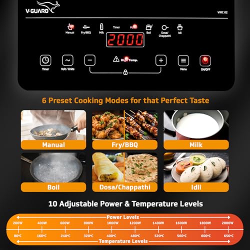 Image of V-Guard VIRC 02 2000 W Electric Infrared Induction Cooktop | Compatible with All Utensils | Touch Panel Control | Stainless Steel Body | Free BBQ Grill | 1 Year Coverage