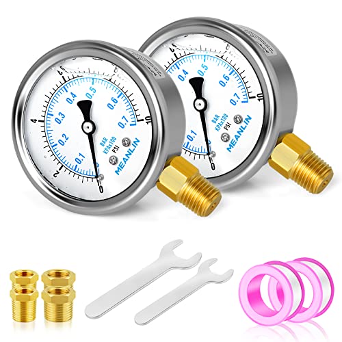 Image of MEANLIN MEASURE 0~10Psi Stainless Steel 1 /4 inch NPT 2.5 inch FACE DIAL,Liquid Filled Pressure Gauge,WOG Water Oil Air Lower Mount (Pack of 2), with 1 /2 inch NPT and 3 /8 inch NPT Hex Bushing