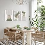 KBKBART Ensemble d'art mural boho vert sauge de 3 pièces, art mural encadré minimaliste, peinture géométrique de feuille de soleil et lune beige vert, décor de chambre botanique abstrait boho, vert sauge, 12''x16''