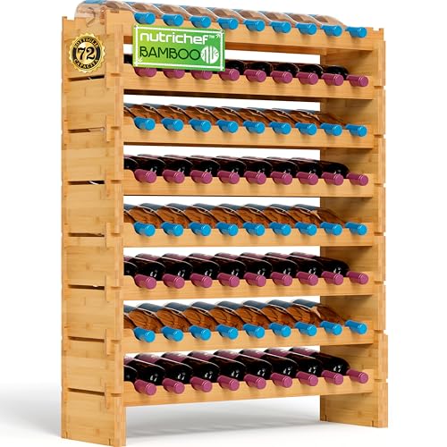 NutriChef Cantinetta Vino 72 Bottiglie, 8 Ripiani, 85 x 25 x 107 Centimetri, Scaffale Autoportante in Legno di Bambù Naturale per Cucina e Cantina